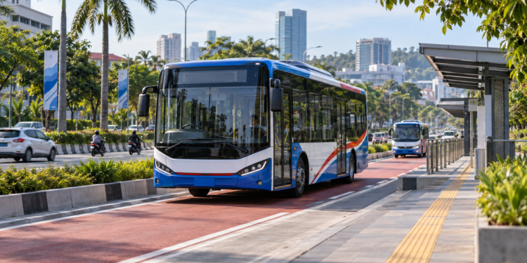 Ilustrasi bus Trans Batam dengan jalur khusus dan layanan feeder dalam sistem BRT