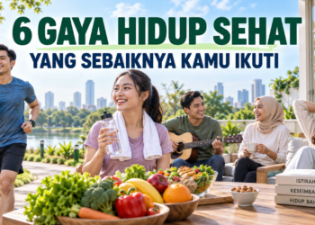 Ilustrasi penerapan gaya hidup sehat melalui olahraga dan konsumsi makanan bergizi