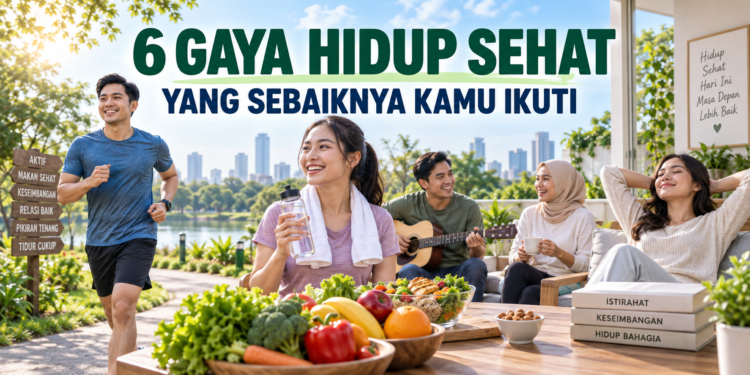 Ilustrasi penerapan gaya hidup sehat melalui olahraga dan konsumsi makanan bergizi