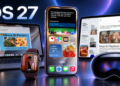 Ilustrasi AI iPhone di tengah perangkat Apple dengan tulisan iOS 27 dan latar biru navy Judul: Ilustrasi iOS 27 dan Perangkat Apple