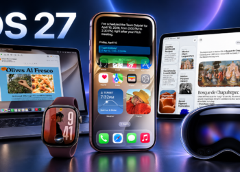 Ilustrasi AI iPhone di tengah perangkat Apple dengan tulisan iOS 27 dan latar biru navy Judul: Ilustrasi iOS 27 dan Perangkat Apple
