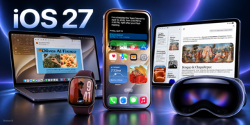 Ilustrasi AI iPhone di tengah perangkat Apple dengan tulisan iOS 27 dan latar biru navy Judul: Ilustrasi iOS 27 dan Perangkat Apple