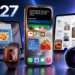 Ilustrasi AI iPhone di tengah perangkat Apple dengan tulisan iOS 27 dan latar biru navy Judul: Ilustrasi iOS 27 dan Perangkat Apple