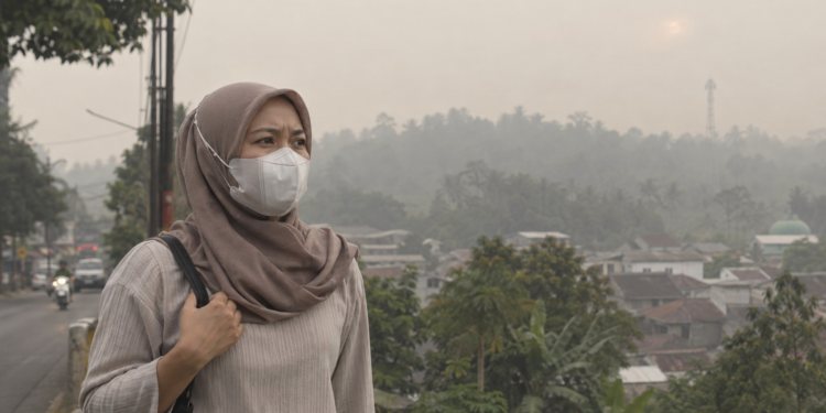 Ilustrasi warga menggunakan masker saat kabut asap akibat kebakaran hutan dan lahan