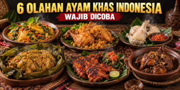 Ilustrasi enam kuliner olahan ayam khas Indonesia dari berbagai daerah