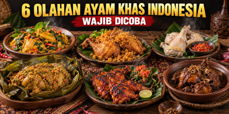 Ilustrasi enam kuliner olahan ayam khas Indonesia dari berbagai daerah