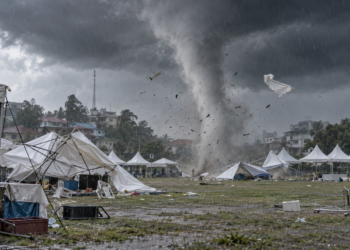 Ilustrasi puting beliung merusak tenda bazar di Lapangan Legenda Malaka Batam
