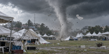 Ilustrasi puting beliung merusak tenda bazar di Lapangan Legenda Malaka Batam