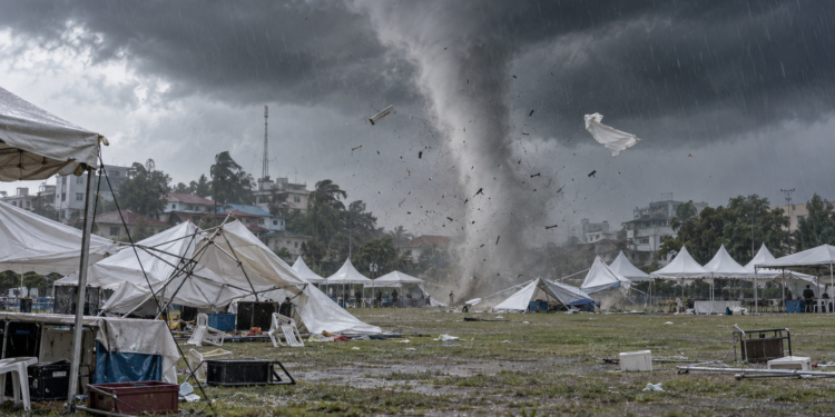 Ilustrasi puting beliung merusak tenda bazar di Lapangan Legenda Malaka Batam