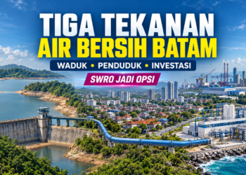 Ilustrasi waduk dan instalasi pengolahan air sebagai bagian dari sistem air bersih Batam