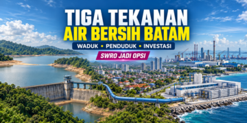Ilustrasi waduk dan instalasi pengolahan air sebagai bagian dari sistem air bersih Batam